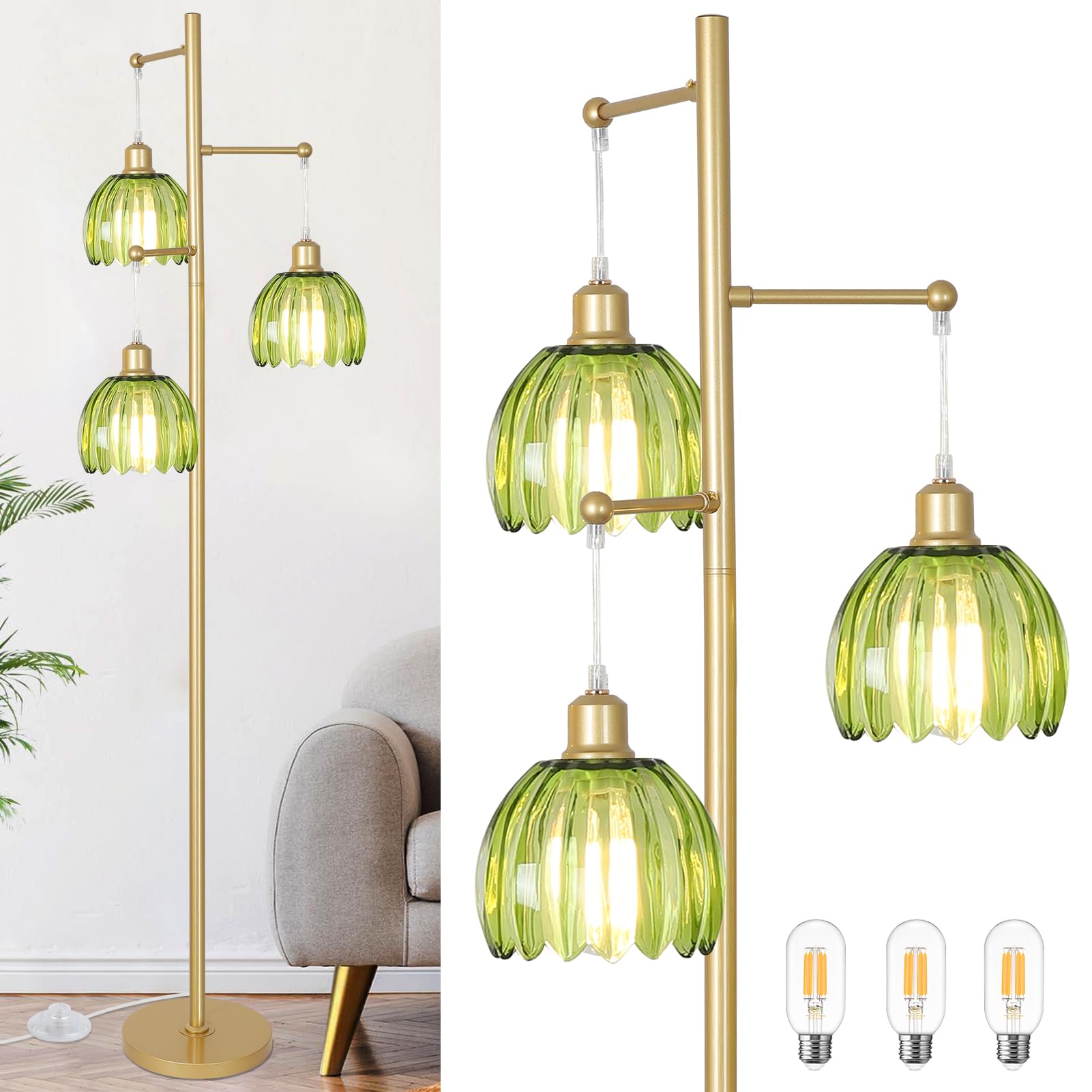Photo 1 of ***BROKEN SHADES***Jobtical Boho Floor Lamps for Living Room,3-Light Green Glass Flower Floor Lamp with Lotus Lamp Shade, Farmhouse Standing Lamp Tree Floor Lamps for Bedroom Vintage Brass Tall Lamps for Office,Corner