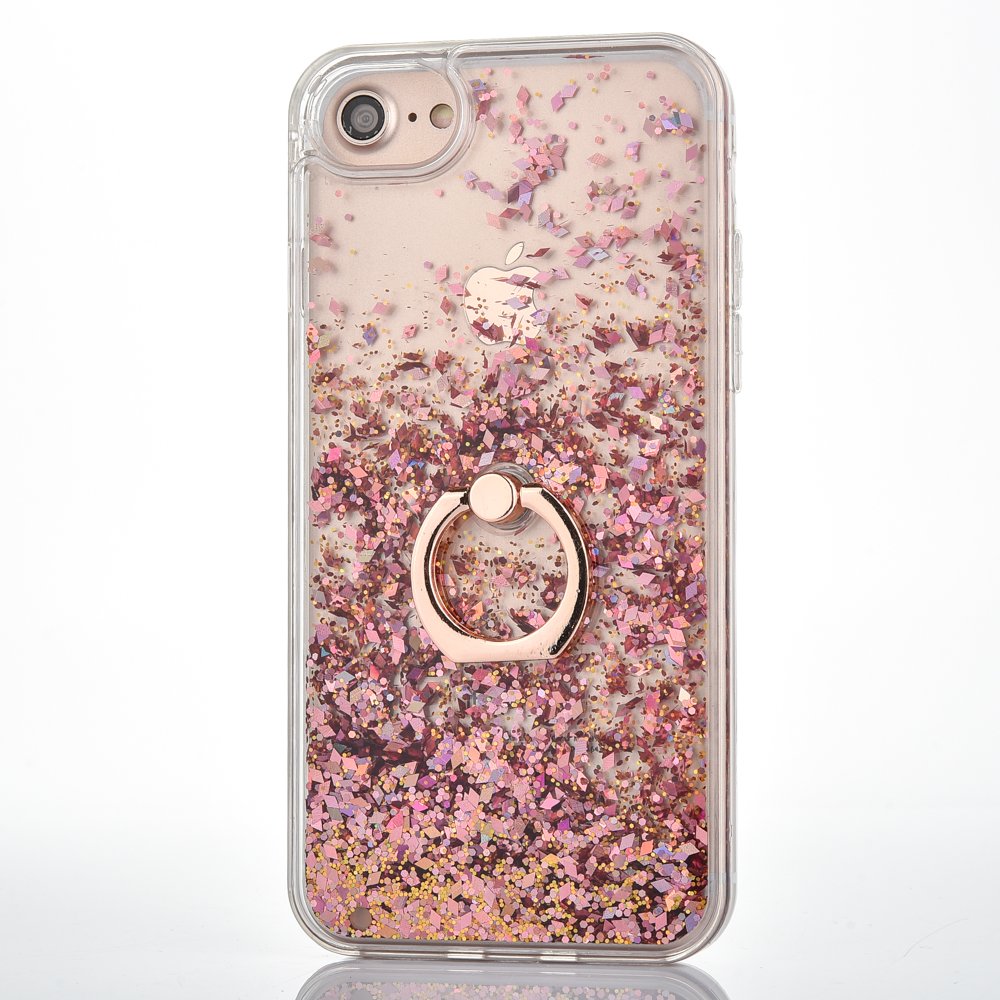 iPhone 6 6S Case [With Tempered Glass Screen Protector],Mo-Beauty Flowing Liquid Floating Bling Shiny Sparkle Glitter Clear Plastic Hard Case Cover For Apple iPhone 6 6S 4.7 Inches (Rose gold)