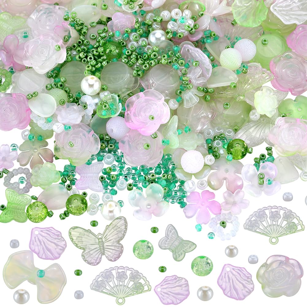 SUNNYCLUE 1 Box about 200G Acrylic Green Assorted Beads Aesthetic Bead Kits 2mm 4mm 8mm Bulk Pink White Rose Leaf Butterfly Round Crackle Beads for Jewellery Making Keychains Necklace Christmas Adults