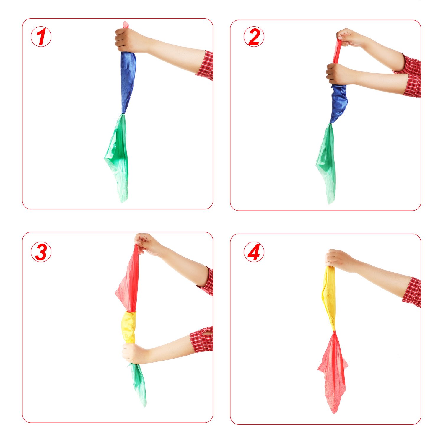 HESTYA 2 Pieces Magic Scarves Color Changing Silk Hanky Props for Trick Streets Four-Color Silk Magic Props Magician Accessories
