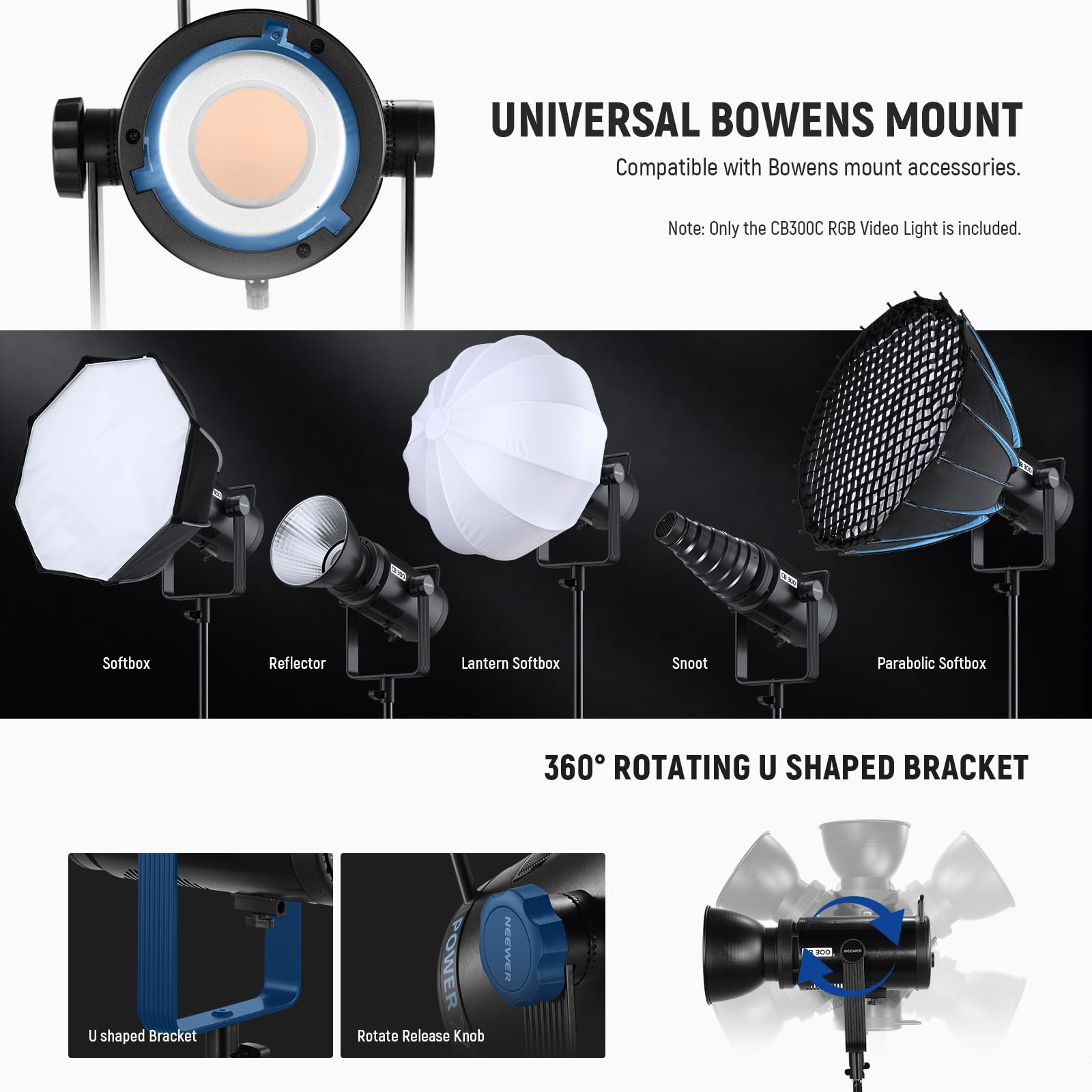 NEEWER CB 300C RGB LED Video Light with Reflector, 300W, APP/2.4G Control, 17 Scenes 29600Lux/1m 2500-7500K CRI97+/TLCI97+ Full Color Bowens COB Continuous Output Lighting Dimmable for Studio Filming