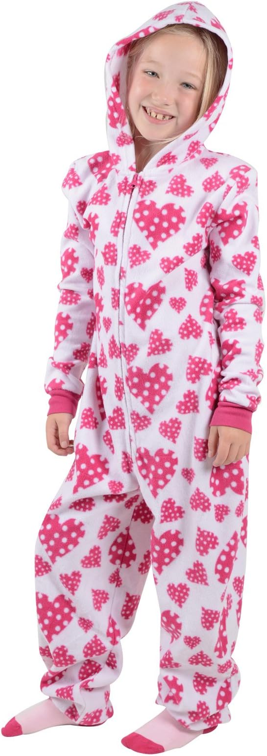Roaster Toaster Girls Pink Hearts Hooded Fleece All in One Pyjamas PJ Sleepsuit Onesie 4-5 Years