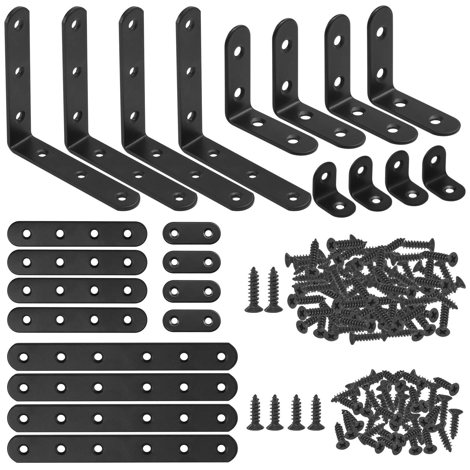 GLARKS 134Pcs Black Corner Brace Set, 24Pcs L Shape Bracket and Flat Bracket Metal Joint Plate Fastener with 110Pcs Screws for Wood Wood Chair Bookshelf Board Window Furniture Cabinet