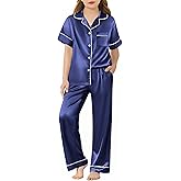 Arshiner Girls Pajamas Silk Satin Button Down Pjs 2 Piece Short Sleeve Sleepwear Set