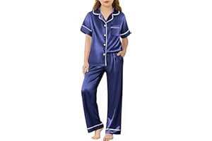 Arshiner Girls Pajamas Silk Satin Button Down Pjs 2 Piece Short Sleeve Sleepwear Set