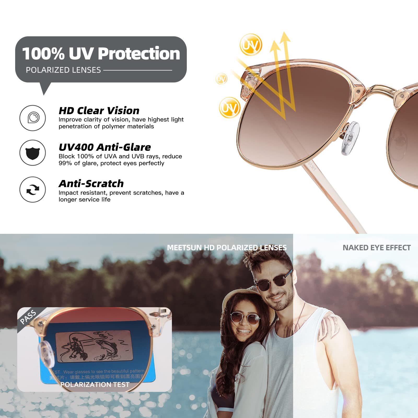 MEETSUN Retro Semi Rimless Polarized Sunglasses for Men Women Classic Trendy Driving Sun Glasses UV Protection