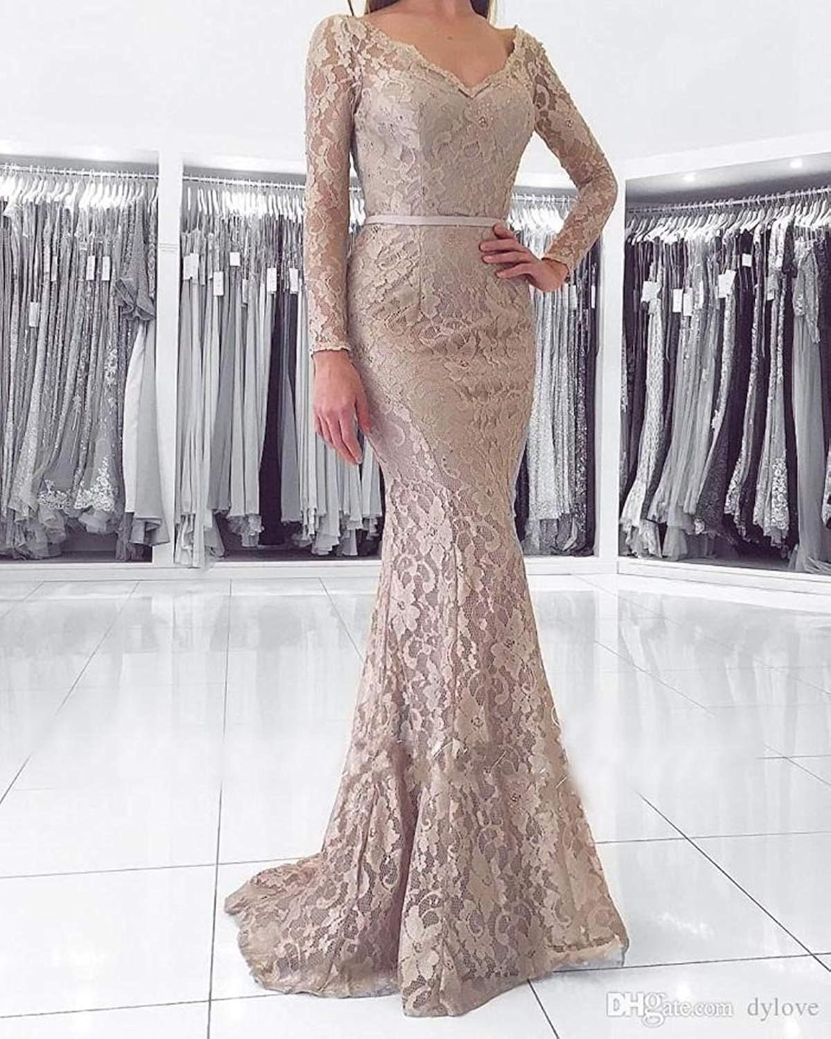 happyheart Womens V Neck Full Sleeve Floor Length Mermaid Lace Evening Party Dress