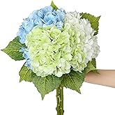 SIITUMEIZI Hydrangea Artificial Flower Faux Hydrangea Flowers 21 Inch Real Touch Latex Fake Hydrangeas for Home Decor 3Pc White Green Blue