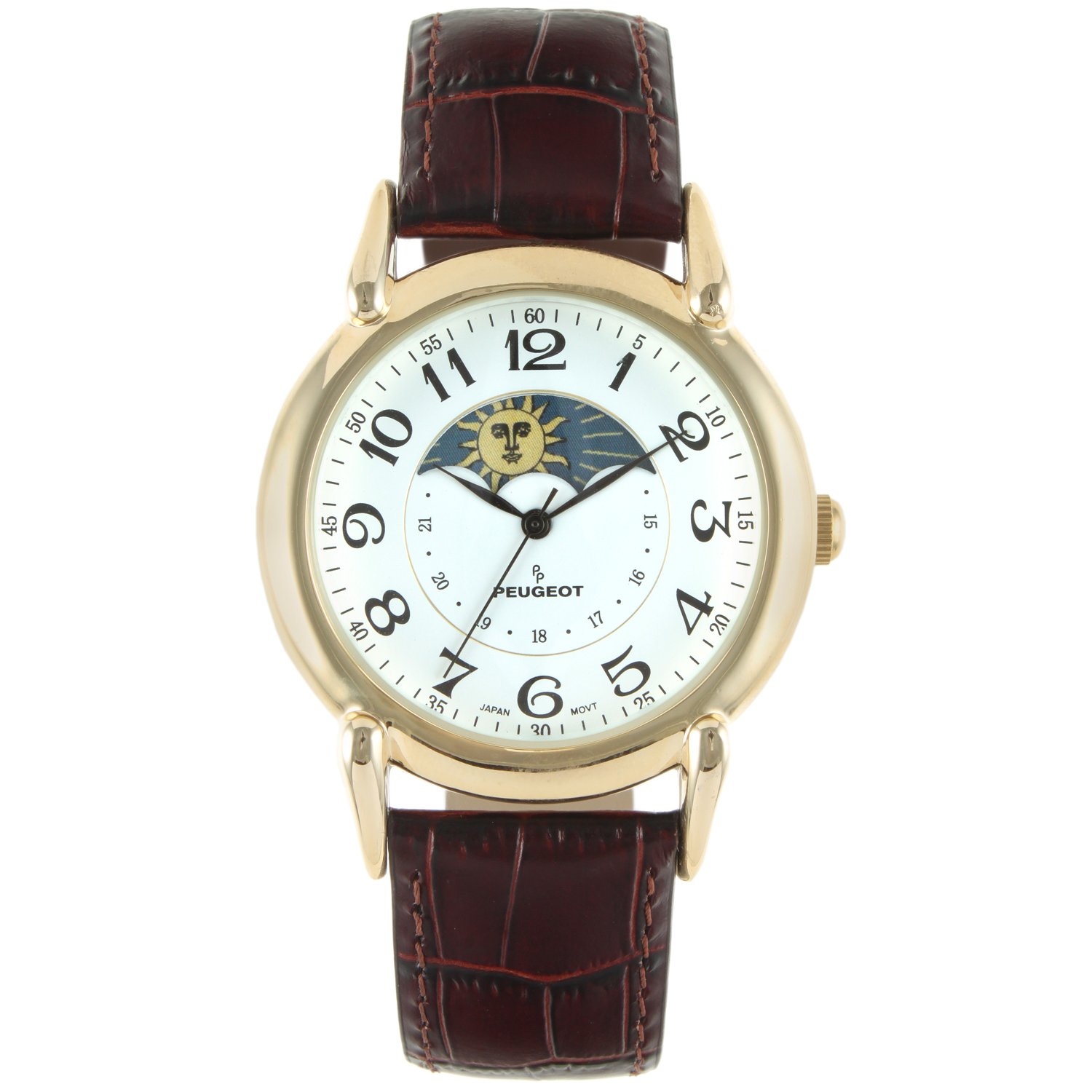 Peugeot PP Men's 14k Gold Plated Vintage Leather Dress Watch, White/Brown Strap, No Size