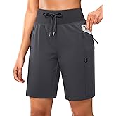 SANTINY Women's 9" Hiking Shorts with 3 Zipper Pockets Lightweight Quick Dry Long Shorts for Women Athletic Travel
