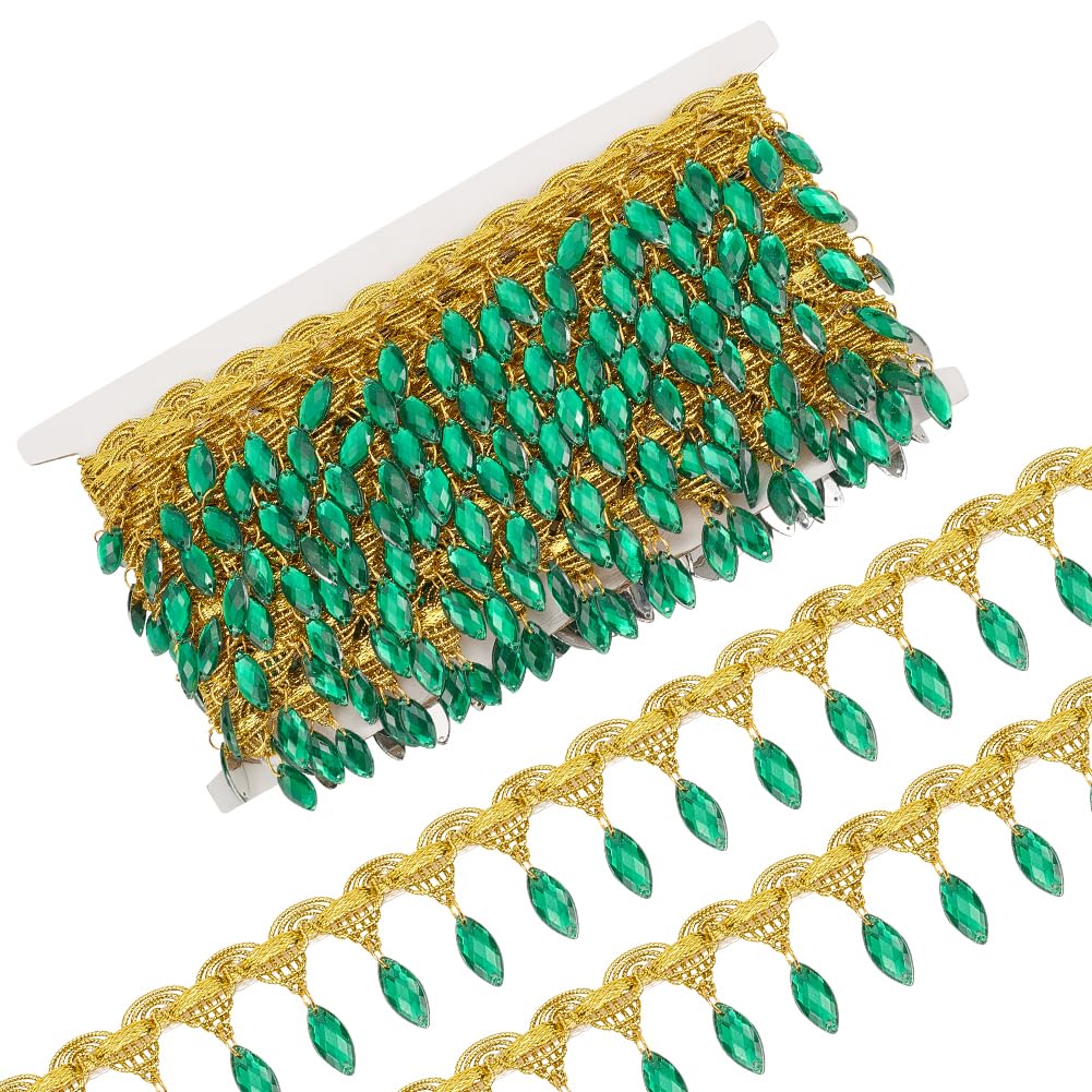 FINGERINSPIRE 10Yards/9.14M Hanging Beads Fringe Lace 40mm Wide Green Horse Eye Shiny Beads Fringe Sewing Trim Polyester Gold Metallic Braid Ribbon with Beads for DIY Clothing Curtain Decoration