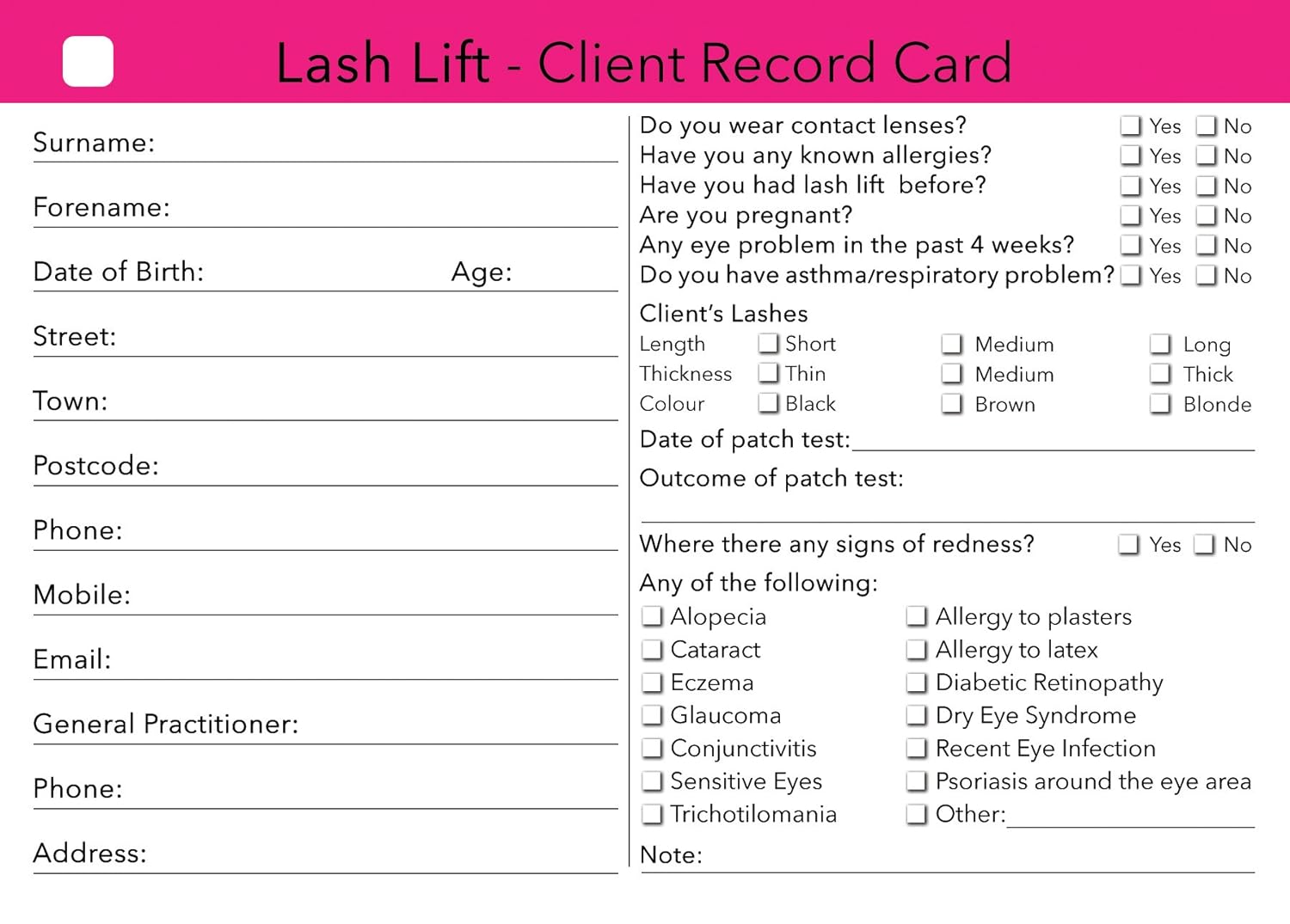 Lash Lift Client Record Card Pack Of 100 Amazon Co Uk Office