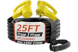 PlugSaf 25 FT 30 Amp RV Extension Cord Outdoor with Grip Handle, Flexible Heavy Duty 10/3 Gauge STW RV Power Cord Waterproof with Cable Organizer, NEMA TT-30P to TT-30R, Black-Yellow, ETL Listed