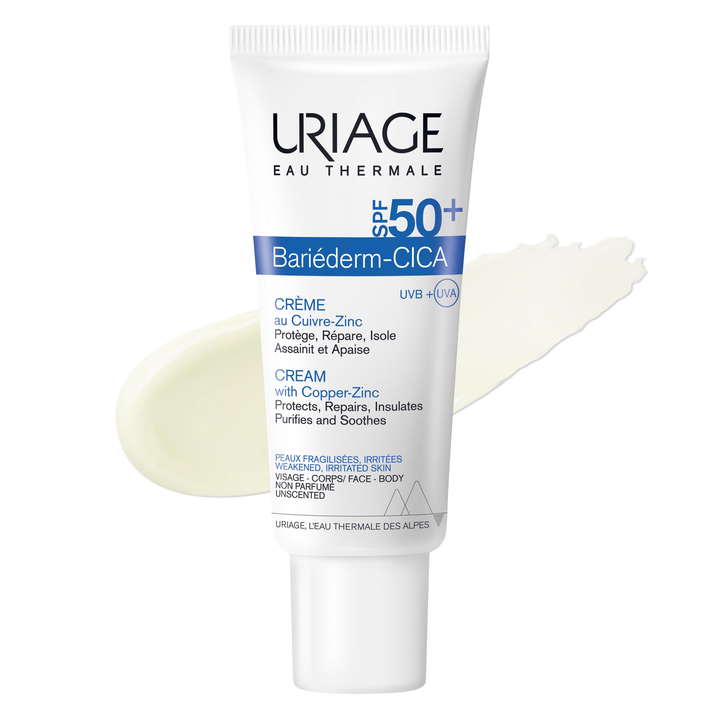 Uriage Bariéderm-Cica Cream Multi Purpose Cream with SPF50+, 40ml - Daily Face Cream with Copper-Zinc - Prevents Formation of Skin Marks - Scars, Tattoos, Laser - Fragrance-free