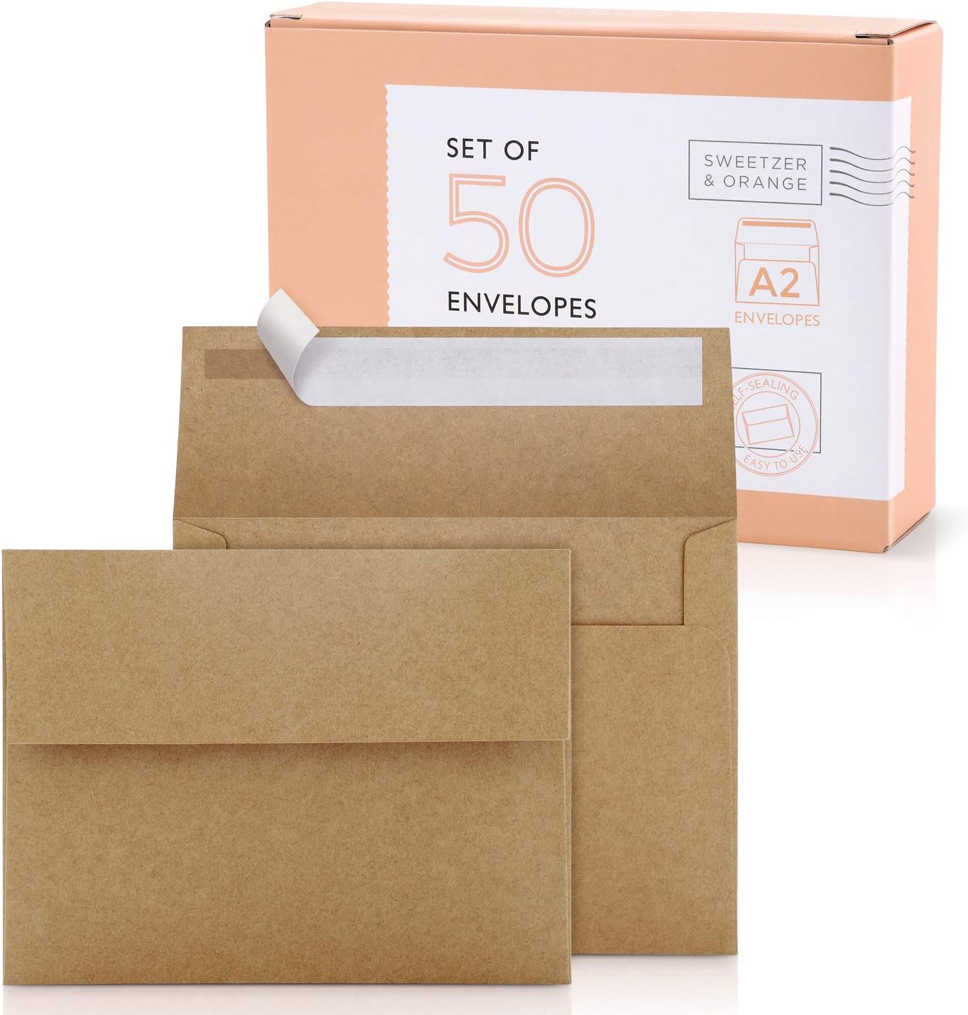 Sweetzer & Orange A2 Envelopes (50 with Box). Brown Envelopes Self Seal