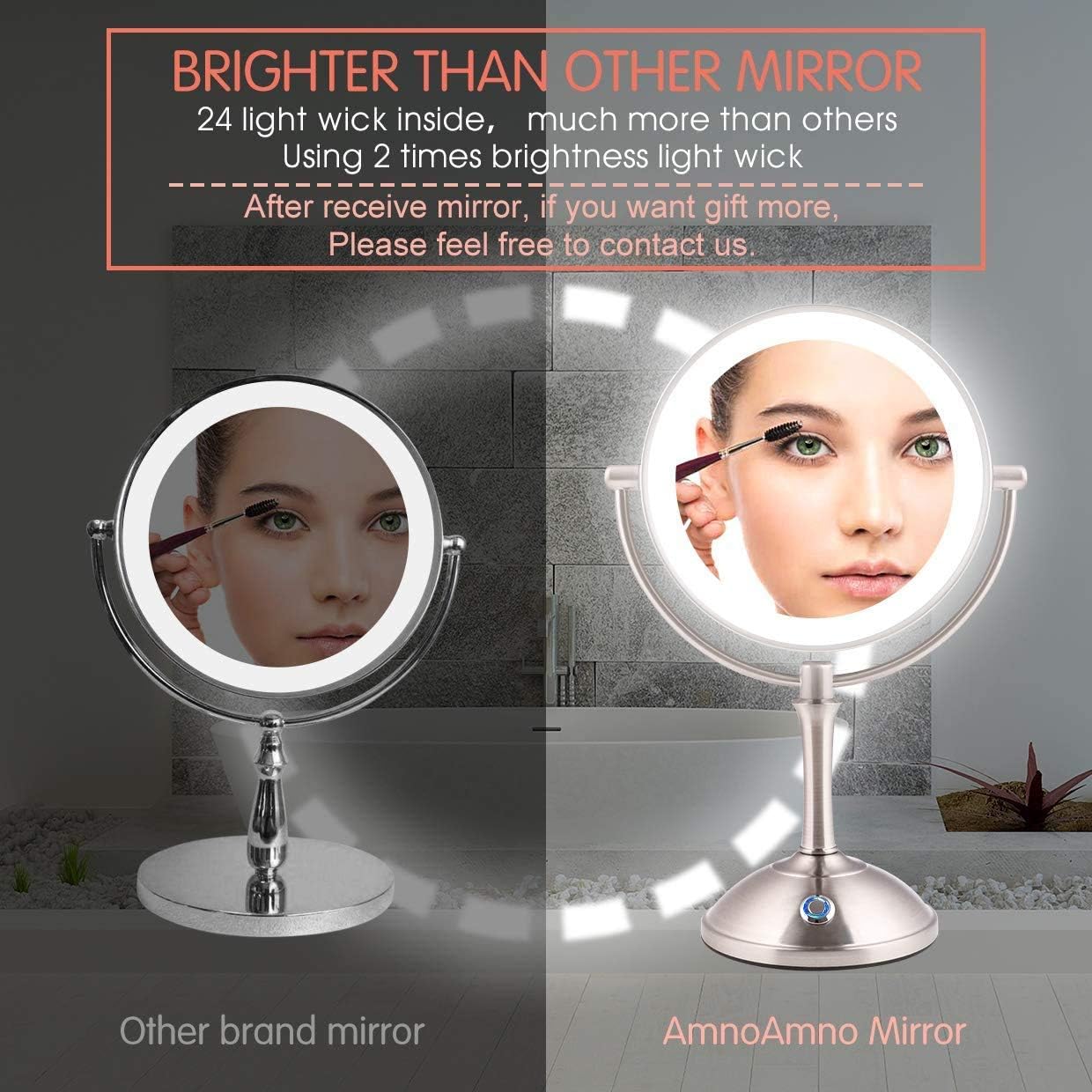AmnoAmno LED Makeup Mirror-10x Magnifying,7.8" Double Sided Lighted Vanity Makeup Mirror with Stand, Touch Button Adjustable Light-Cord or Cordless (sliver): Home & Kitchen