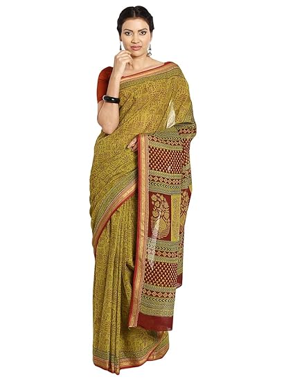 Finest Quality Cotton - Handmade Green Base Saree, Maroon Booti, Zari Border, Tribal print - Bagh Block Print Saree with Blouse Piece