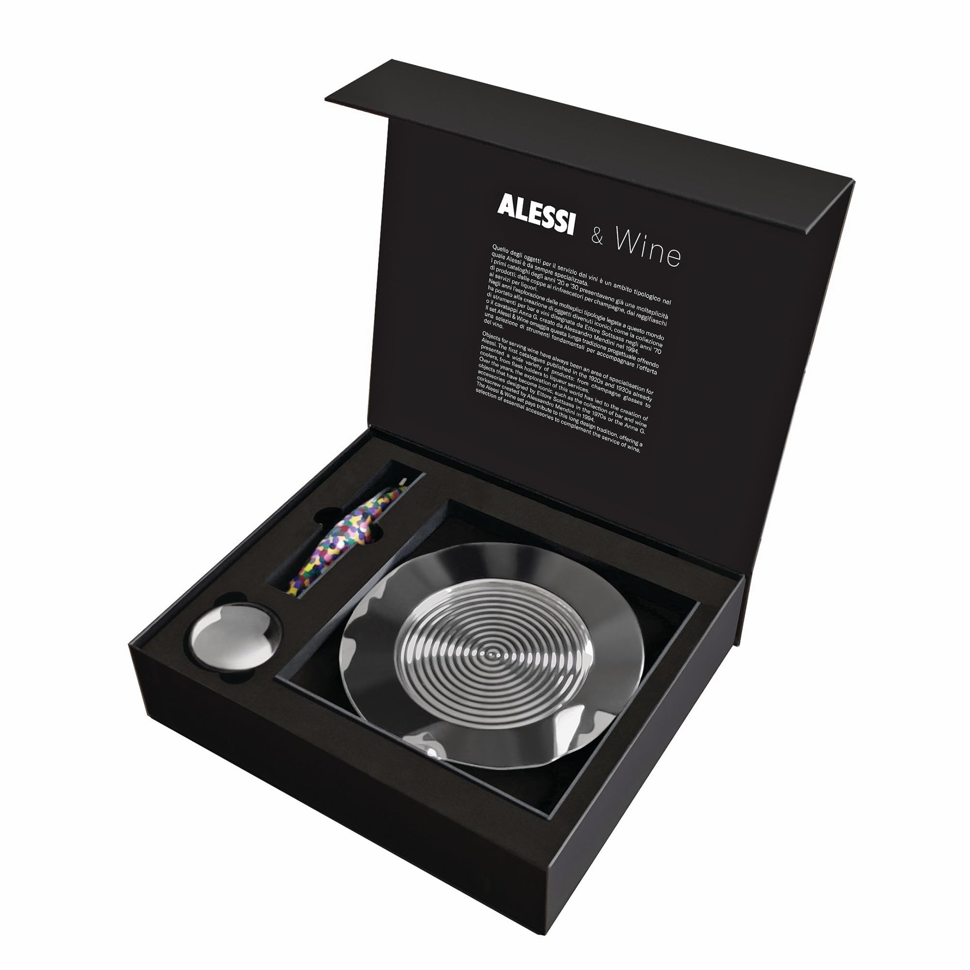 Alessi Alessi & Wine GAM32SET Design Wine Set Consisting of Sommelier Corkscrew, Expanding Stopper and Coaster