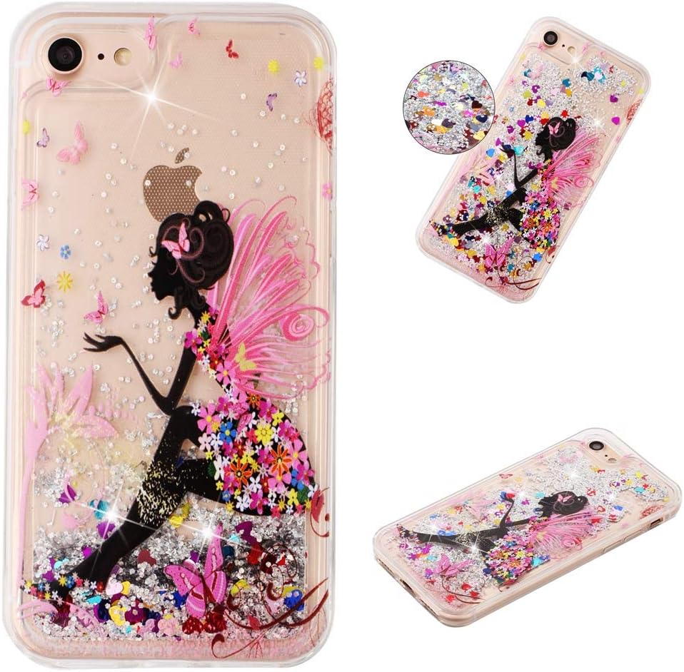 YKTO Pop Gorgeous Phone Case for iPhone 7 / iPhone 8 4.7" Silver Liquid Glitter Sparkle Protective Shell Fun to Watch the Movement Cute Print Silicone Transparent Cover Butterfly Fairy