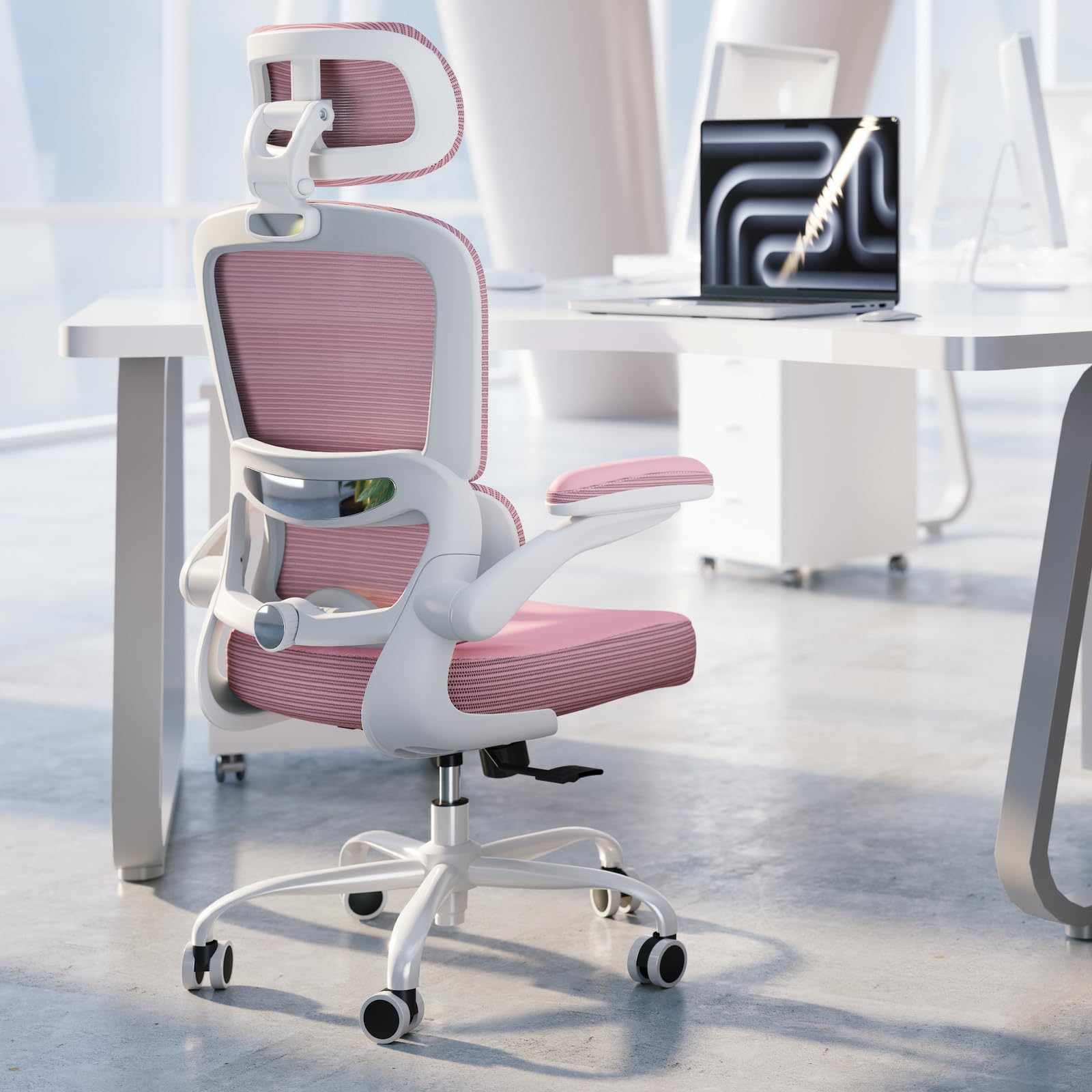 Photo 1 of **FOR PARTS ONLY/ DAMAGED** TRALT Ergonomic Office Chair - Desk Chair with Adjustable Headrest Lumbar Support Computer Chair - Mesh Comfy Chair with Flip-up Armrests - Gaming Chairs for Adults Home Office (Leather, Pink)