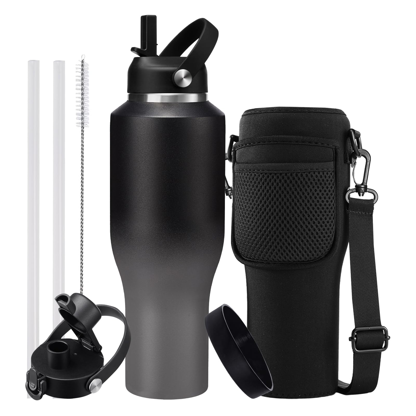 Photo 1 of 40oz Insulated Water Bottle with Straw - Auto Spout Lid, Protective Boot, Carrier Pouch, Vacuum Stainless Steel Water Bottles Leak-proof, Skinny Thermo Mug Flask Fit in Car Bike Cup Holder