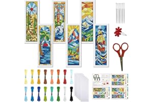 FREEBLOSS 6 Set Cross Stitch Bookmark Kit for Adult Beginners Stamped Cross Stitch Kits Vintage Glass Embroidery Bookmarks Cr