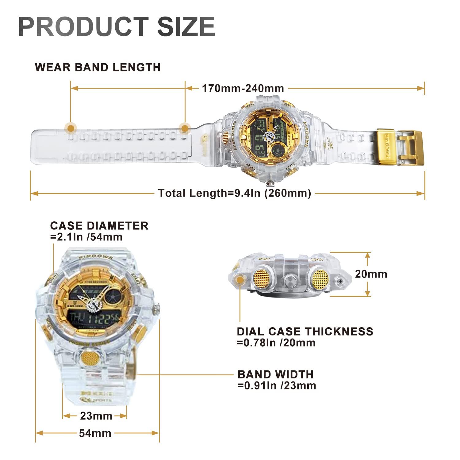 Mens Watch for Men Digital Sport Watch Transparent Gold Watches Waterproof Watches with 3 Alarms/Countdown/Stopwatch/Digital-Analog/Dual Time/Light/Military Multifunctional Wrist Watch