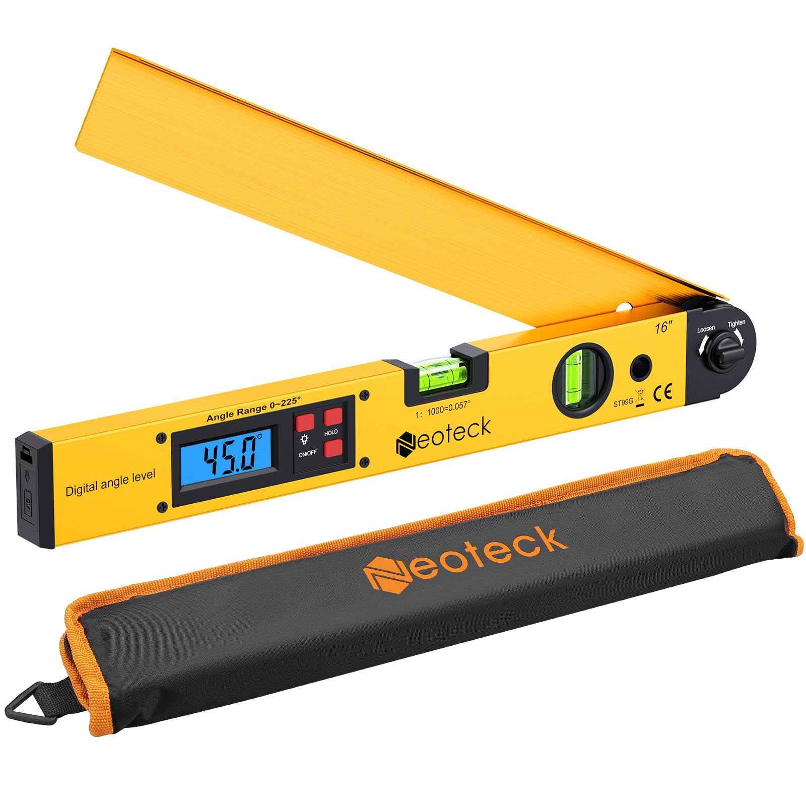 Photo 1 of Neoteck 225° 16 inch Digital Angle Finder Aluminum Protractor with LCD Backlight Digital Angle Measuring Tool with Horizontal and Vertical Bubble for Woodworking, Construction, Machinery - Golden