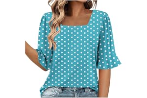 GENERIC Retro Polka Dots Tops for Women Square Neck Ruffle Bell Sleeve Shirts Dressy Casual Elbow Length Sleeve Tunic Blouses