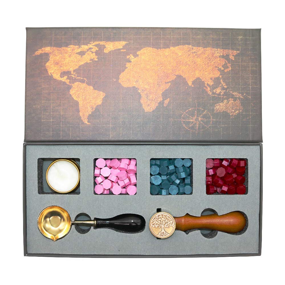 BITEYI Wax Seal Stamp Set,Wax Seal Kit with Sealing Wax Beads,Brass Seal Stamp,Melting Spoon,Candle,Gift Box set (life Tree)