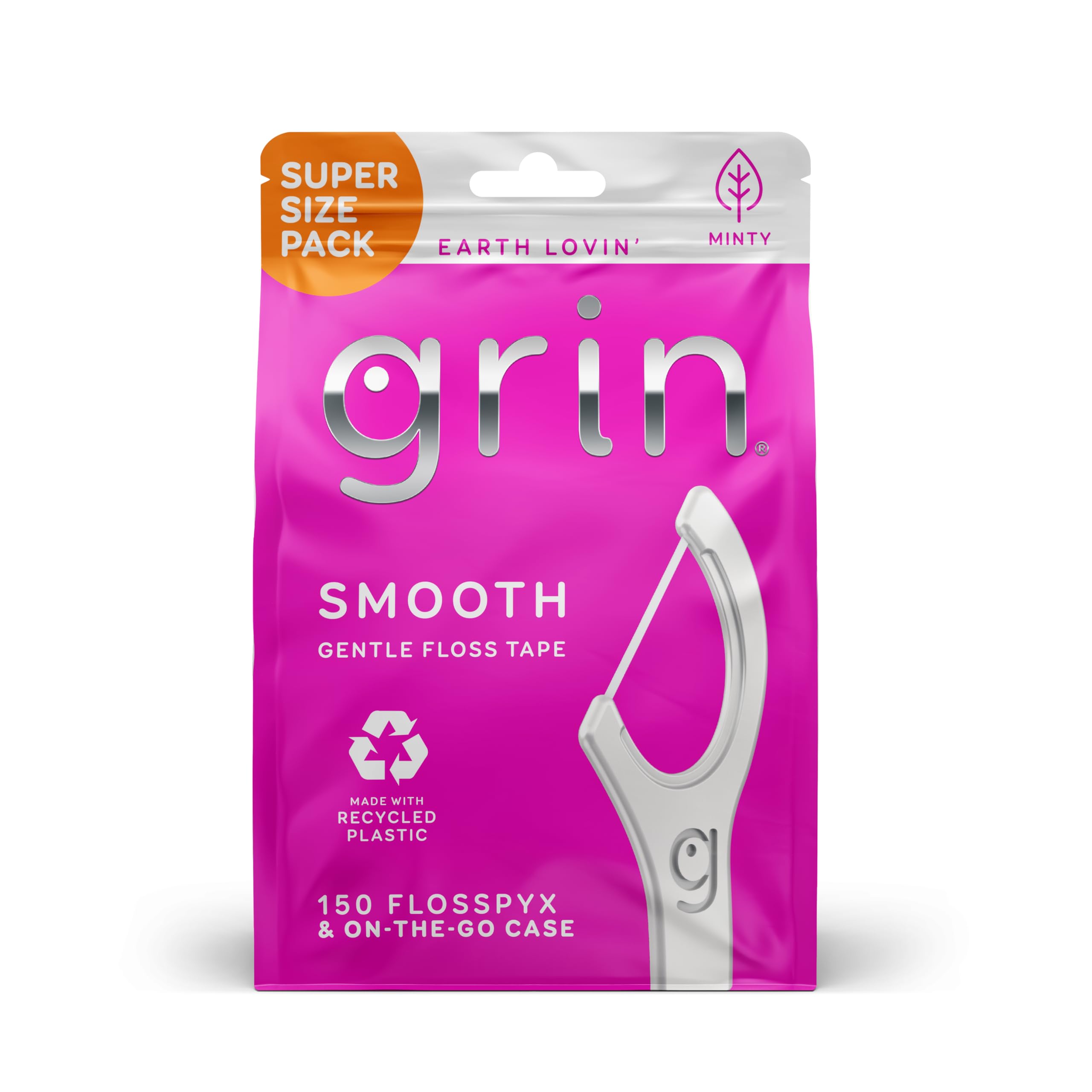 Photo 1 of GRIN Smooth Flosspyx, Gentle Floss Picks, 150 Count, Dental Flossers, Minty Flavor, Recycled Plastic, Smooth Floss, Tight Teeth, Premium Longer Floss Head, Includes Safe Fold-Back Tooth Pick