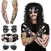 7 Pcs Rocker Costume Men's Wigs Black Curls Disco Men's Party Costume Men with Wigs Sunglasses Beards Sleeves Gloves Headscarves for 70s 80s 90s