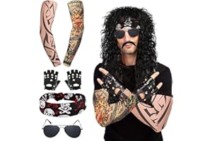 BIBARAJM 7 Pcs Rocker Men's Wigs Black Curls Disco Party Costume with Wigs, Sunglasses, Beards, Sleeves, Gloves, Headscarves for 70s 80s 90s, Medium