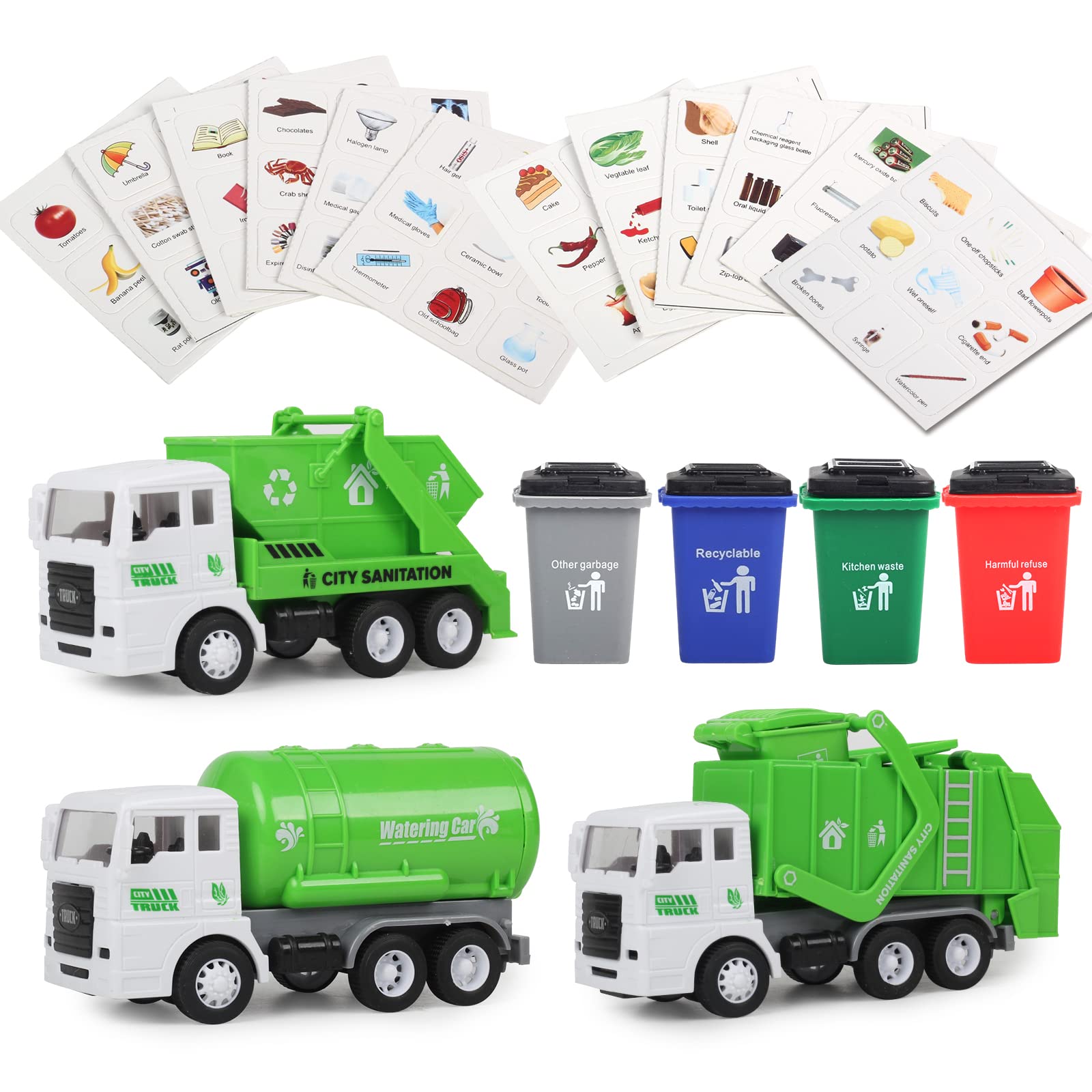 Photo 1 of FIVEDAOGANG Garbage Truck Toy, 3 Pack Friction Powered Waste Management Garbage Truck Game with Front Load Dumpster, Back Dump Garbage,4 Trash Bins with 108 pcs Trash Cards, Gift for 3+ Years Old Kids