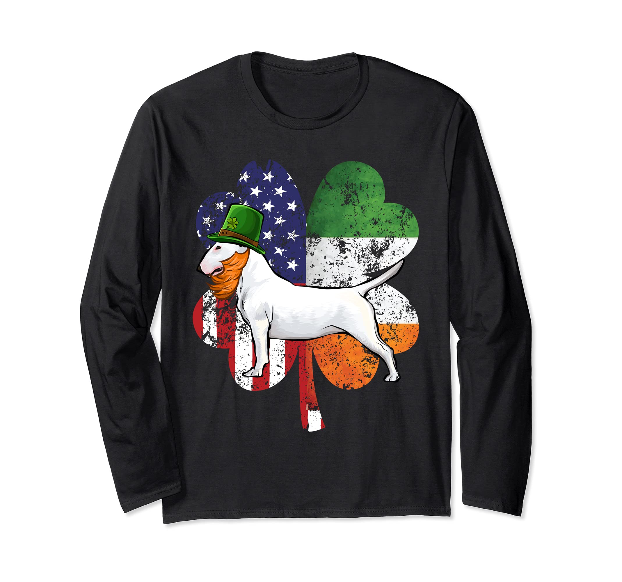 St Patricks Day Irish American Flag Bull Terrier Dog Long Sleeve T-Shirt