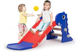 Nyeekoy 3 in 1 Toddler Slide, Kids Slide Climber Playset with Basketball Hoop, Indoor and Outdoor Playground for Kids, Folding Design Freestanding Baby Slide, Easy Assembly