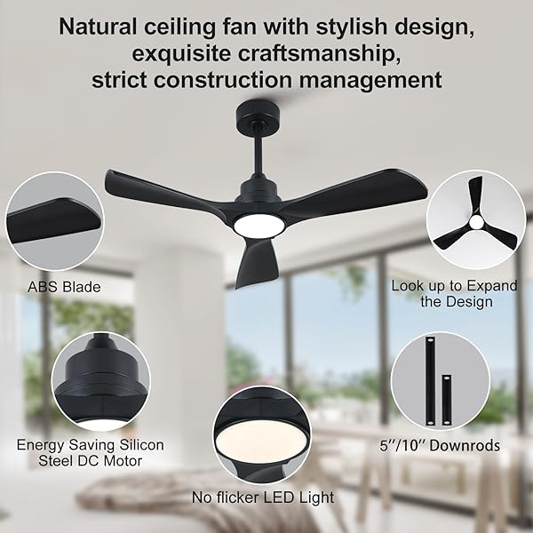 XBIBI 42 INCH BLACK CEILING FAN WITH LIGHT AND REMOTE, 6 SPEEDS QUIET DC MOTOR MODERN CEILING FAN WITH LIGHT, INDOOR OUTDOOR CEILING FANS FOR PATIO BEDROOM LIVING ROOM