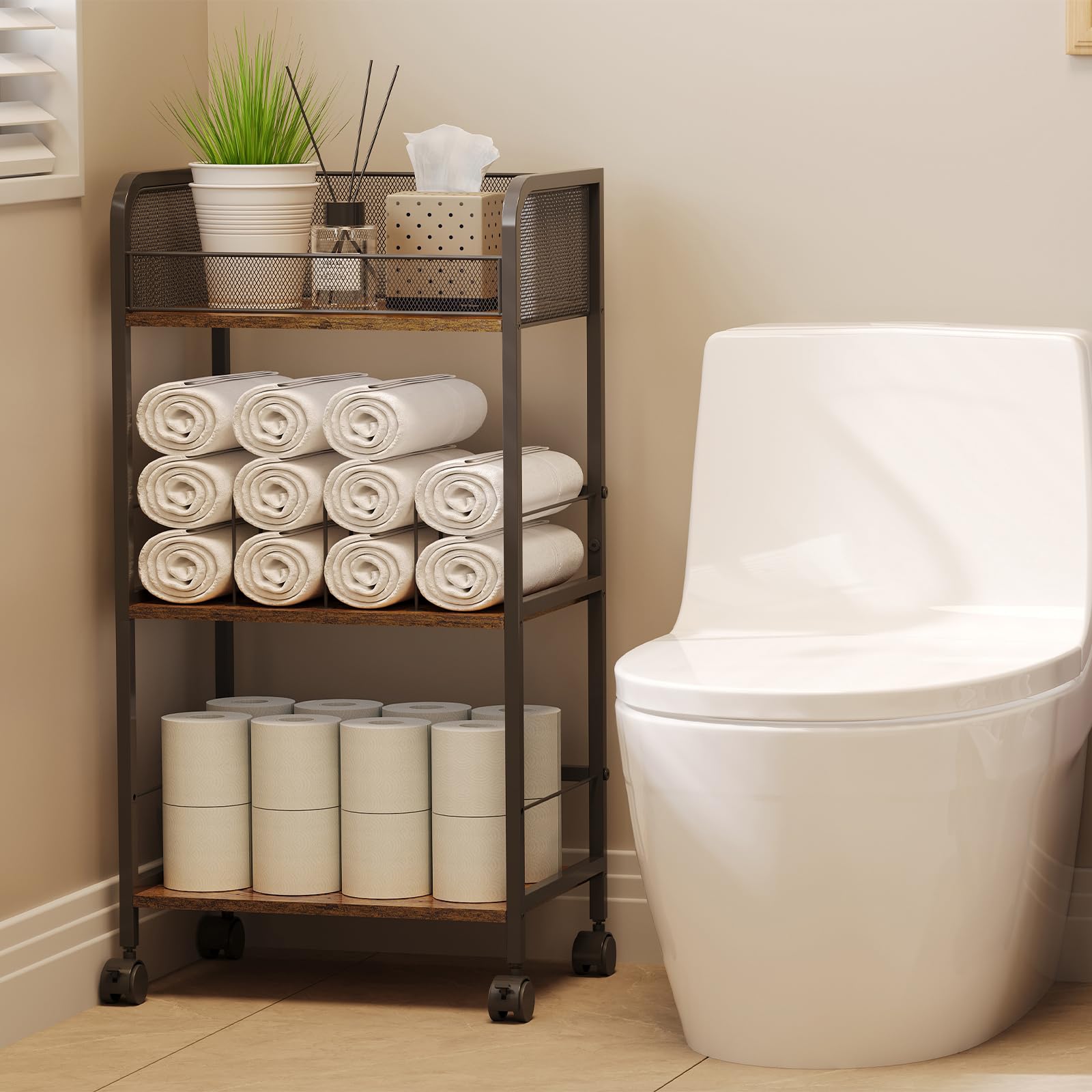 Photo 1 of Bathroom Towel Rack Free Standing, Bathroom Organizers and Storage Cart with Divider, 3-Tier Toilet Paper Holder with Wheels, Utility Cart for Tissue Toiletries Detergent Soap in Bathroom Laundry