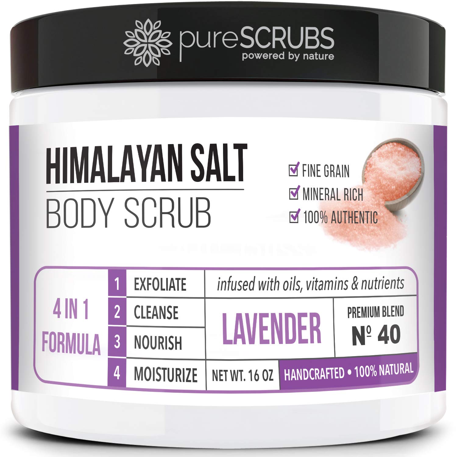 pureSCRUBS Premium Pink Himalayan Salt Body Scrub Set - Lg 16oz LAVENDER SCRUB, Organic Essential Oils & Nutrients INCLUDES Wooden Stirring Spoon, Loofah & Mini Exfoliating Bar : Beauty