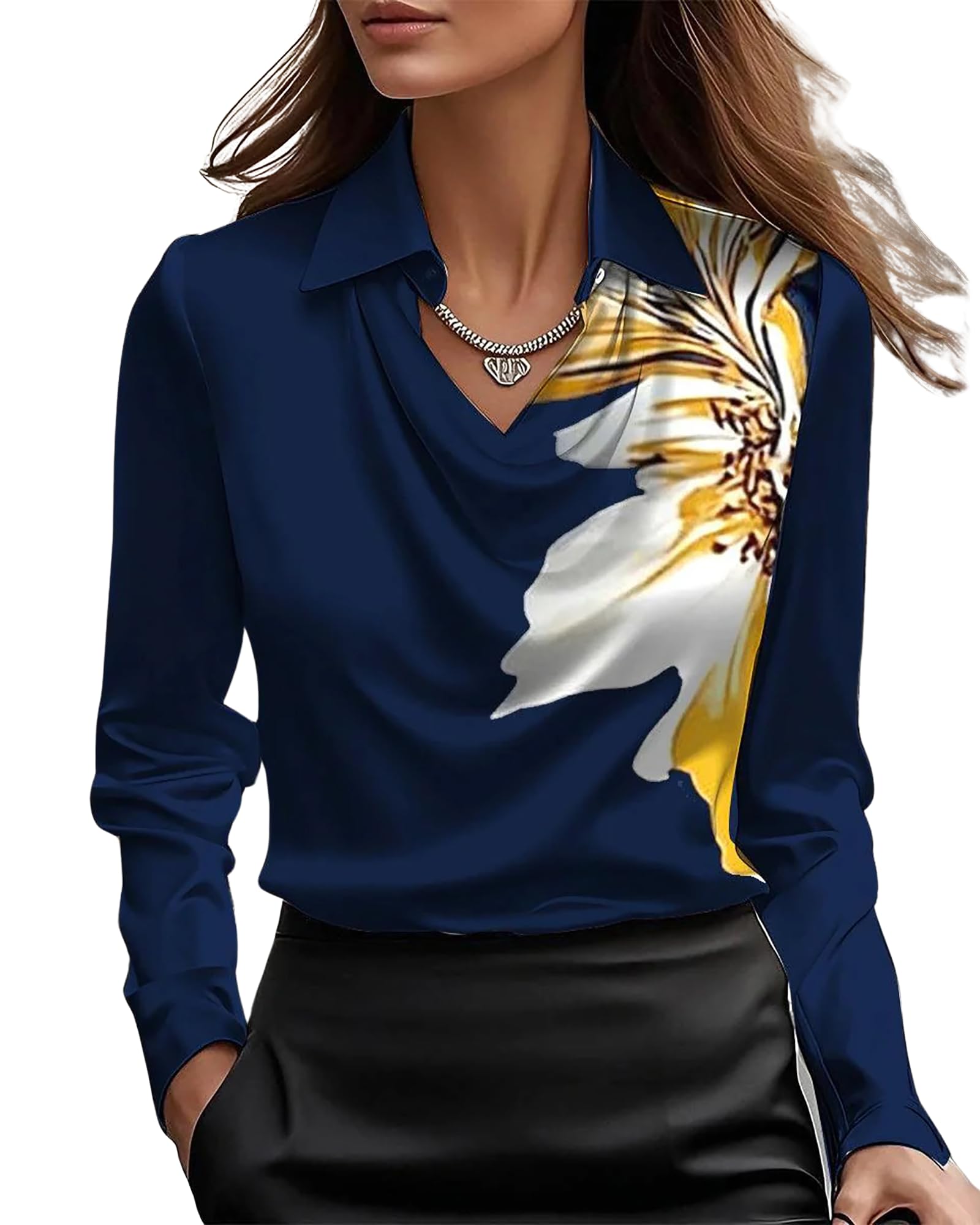 Photo 1 of CORIRESHA Women's Elegant Cowl Neck Satin Blouse Long Sleeve Office Work Shirt Silk Top Size XS