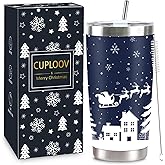 CUPLOOV 2025 Christmas Gifts for Women and Men, 20 oz Dark Blue Stainless Steel Christmas Coffee Tumblers with Lid and Straw, Snowflake Insulated Coffee Travel Mug for Women Men Teachers Coworkers
