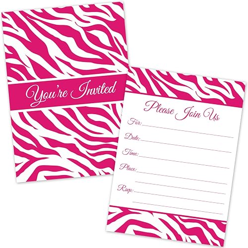 Hot Pink Zebra Stripes Party Invitations for Girls - Birthday Bridal Shower Baby Shower Bachelorette Party (20 Count with Envelopes)
