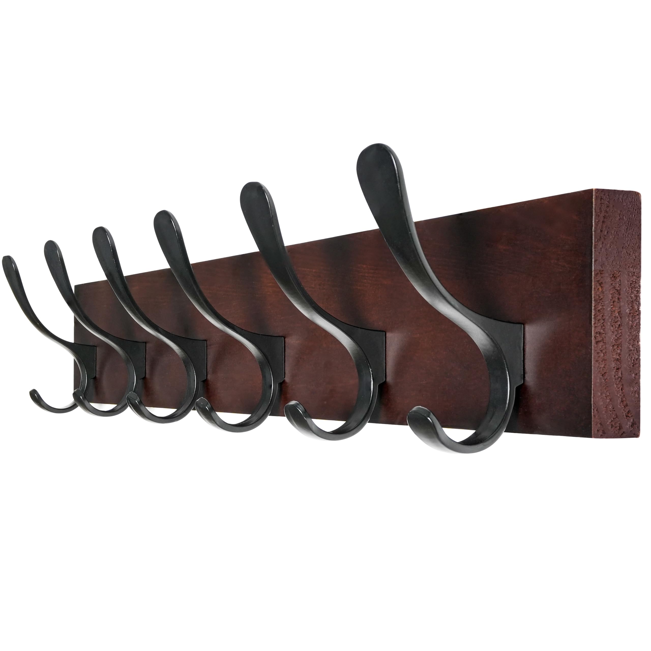 SKOLOO Coat Rack Wall Mount - Wooden Brown Wall Coat Hook, Wall Coat Hanger Rack with 6 Hooks for Hanging Coats, Hats, Clothing, Scarfs, Brown & Black