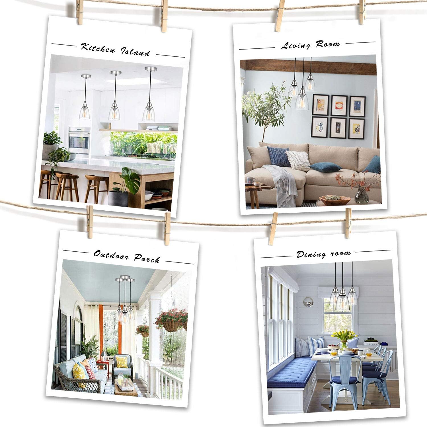Industrial Mini Pendant Lighting, Clear Glass Shade Hanging Light Fixture, Brushed Nickel, Adjustable Vintage Edison Farmhouse Lamp for Kitchen Island, Restaurants, Hotels and Shops, 3-Pack - - 