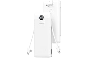 VEGER Portable Charger, 10000mAh Power Bank with Built-in Cables & AC Wall Plug, Ultra Slim Battery Pack 5 outputs 2 Inputs, 