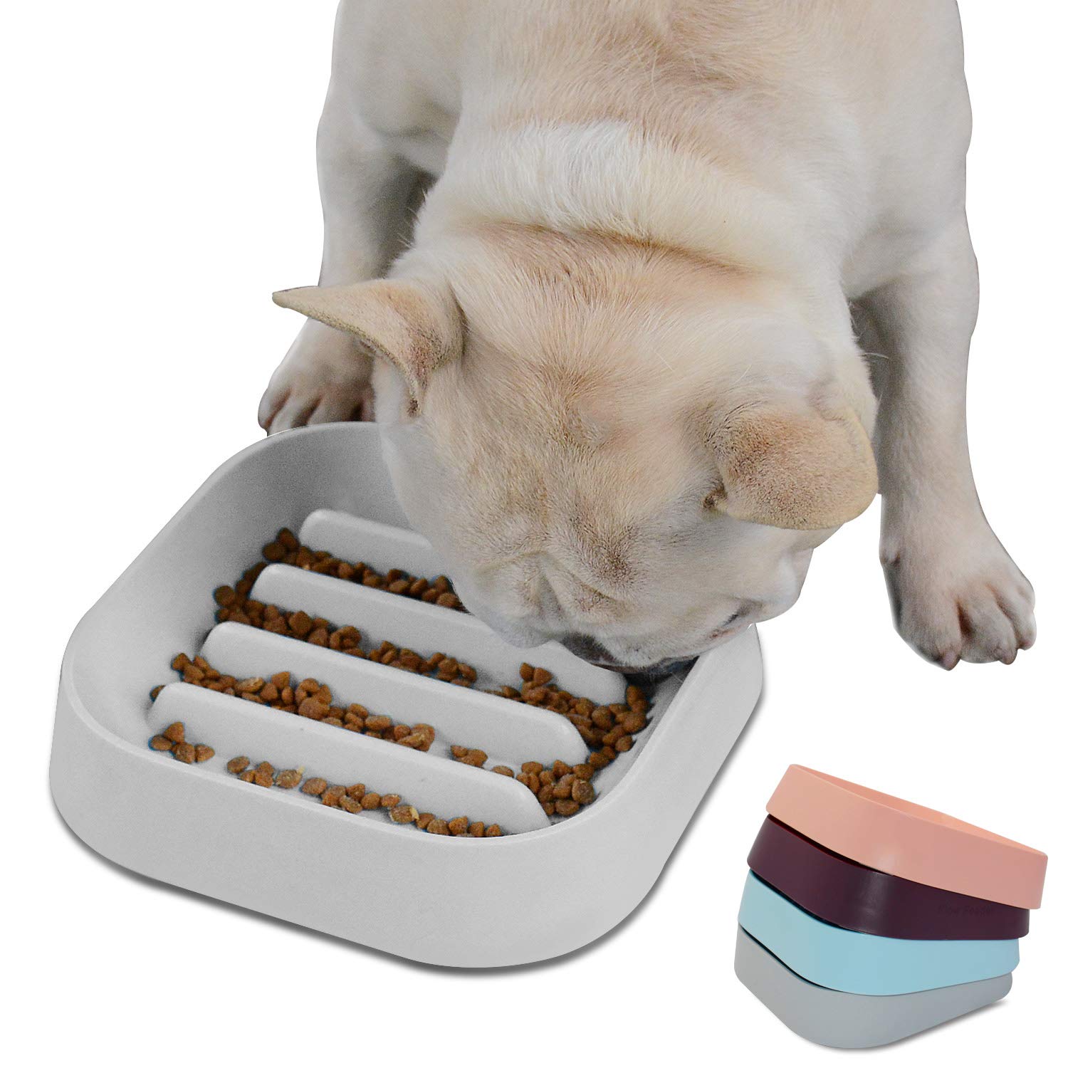 Hifrenchies Healthy Slow Feeding Dog Bowl for French Bulldog -Slow Feeder Dog Bowl Fun Feeder No Chocking Dog Cat Food Water Bowl with Striped or Four-Leaf Clover Pattern (Striped Bowl Grey)