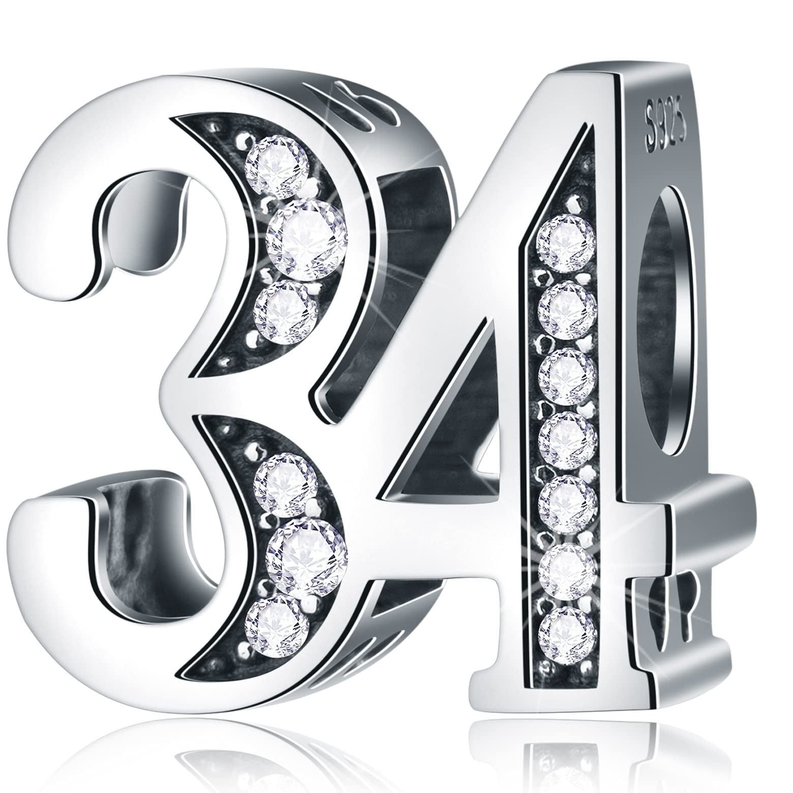 34 Birthday Charms fits Pandora Valentine's Day Bracelet, 925 Sterling Silver 34th Anniversary Beads with CZ, Number 34 Years of Love Gifts for Brother/Sister/Husband/Wife
