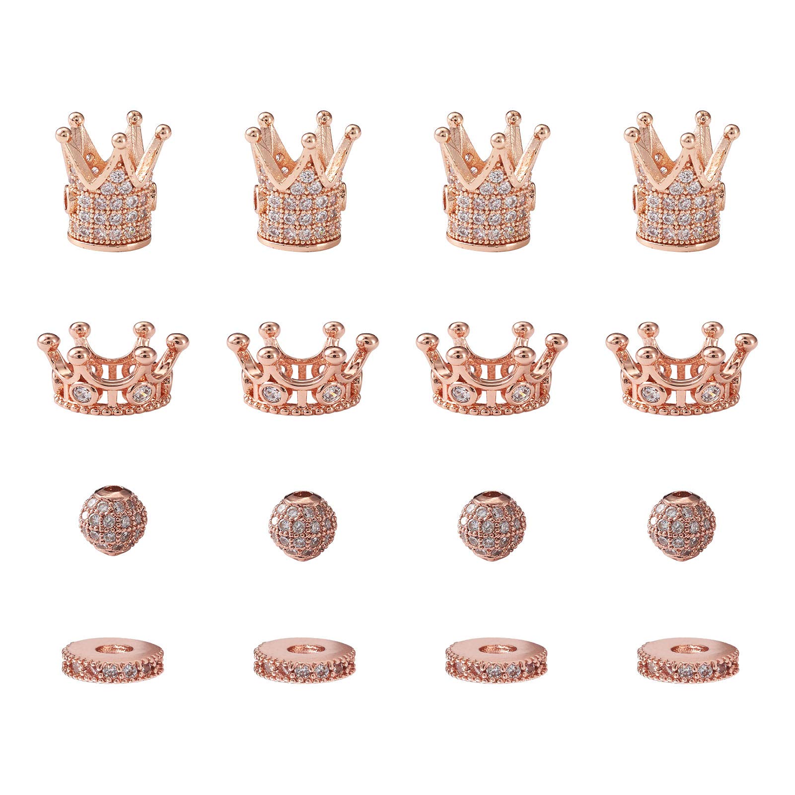 Beadthoven 16pcs King Crown Beads Charms Rose Gold Micro Pave Clear CZ Crown Disco Ball Flat Round Loose Beads Spacer Bracelet Connector for Jewelry Making Hole:1-7mm