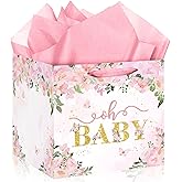Woosytoo Extra Large Baby Gift Bag, Pink Floral Square Gift Bags Baby Shower Wrapping Paper Bag with Tissue Paper Oh Baby Jumbo Gift Bags for Sweet Baby Girl New Parents Gender Reveal Party Favors
