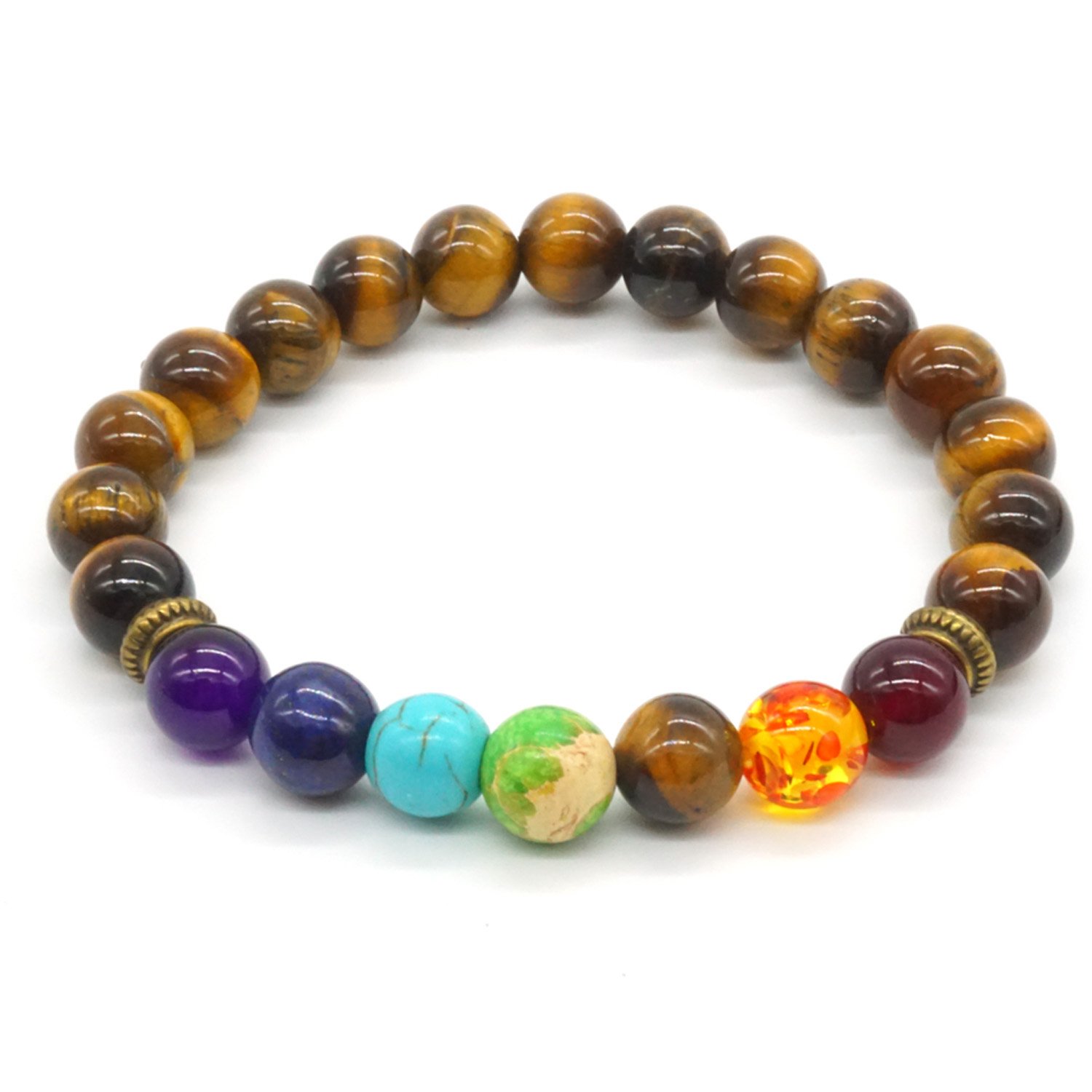 7 Chakra Bracelet, Semi Precious Tiger Eye Stones Stretch Bracelets for Women and Men Reiki Energy Balance